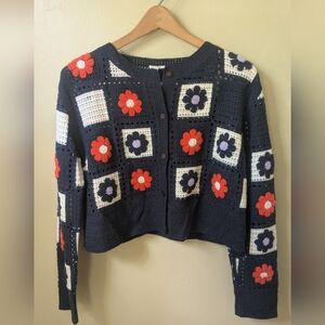 Crochet square cardigan sweater with blue and orange flowers